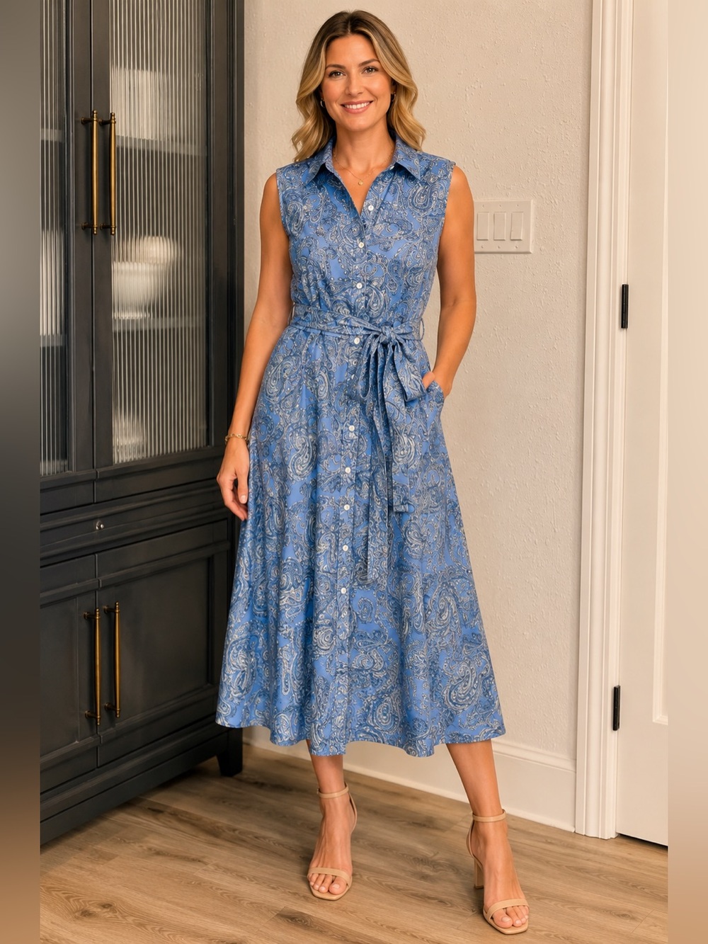 Tommy Hilfiger Blue Paisley Sleeveless Button-Front Maxi Dress with Pockets